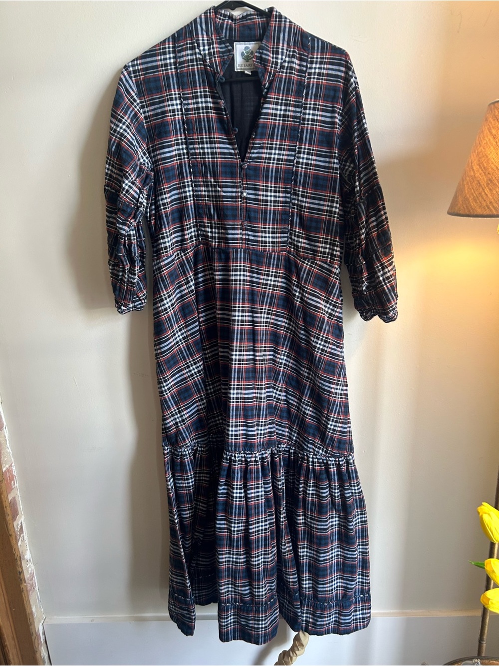 SUE SARTOR Flounce Dress | Navy Plaid - Size L